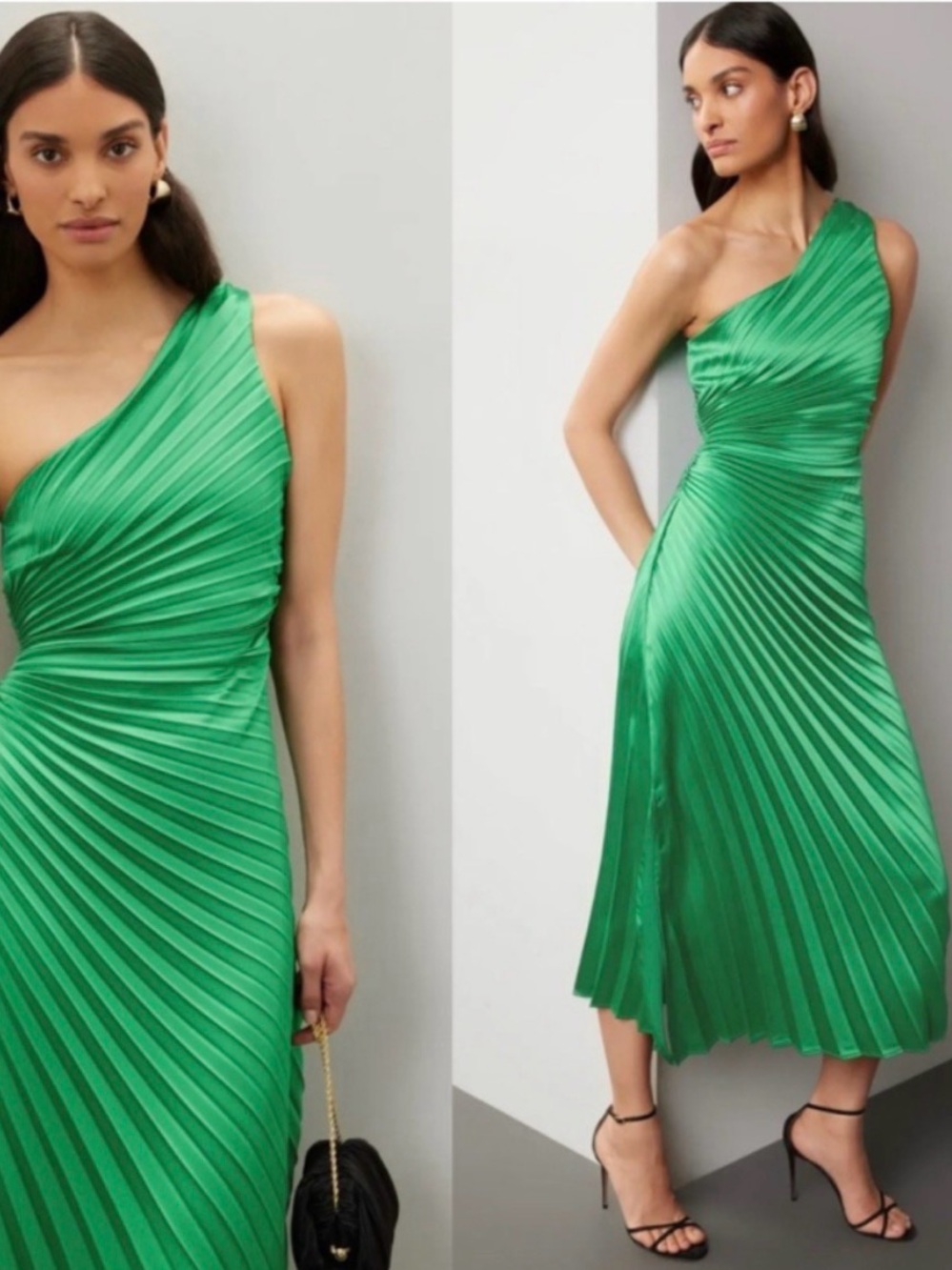 Delfi Leah Pleated Satin One Shoulder Elegant Midi Dress